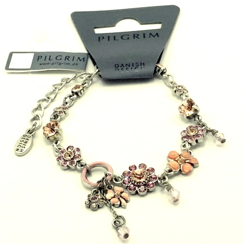SIGNED PILGRIM FLOWER BRACELET PINK PEACH CRYSTALS